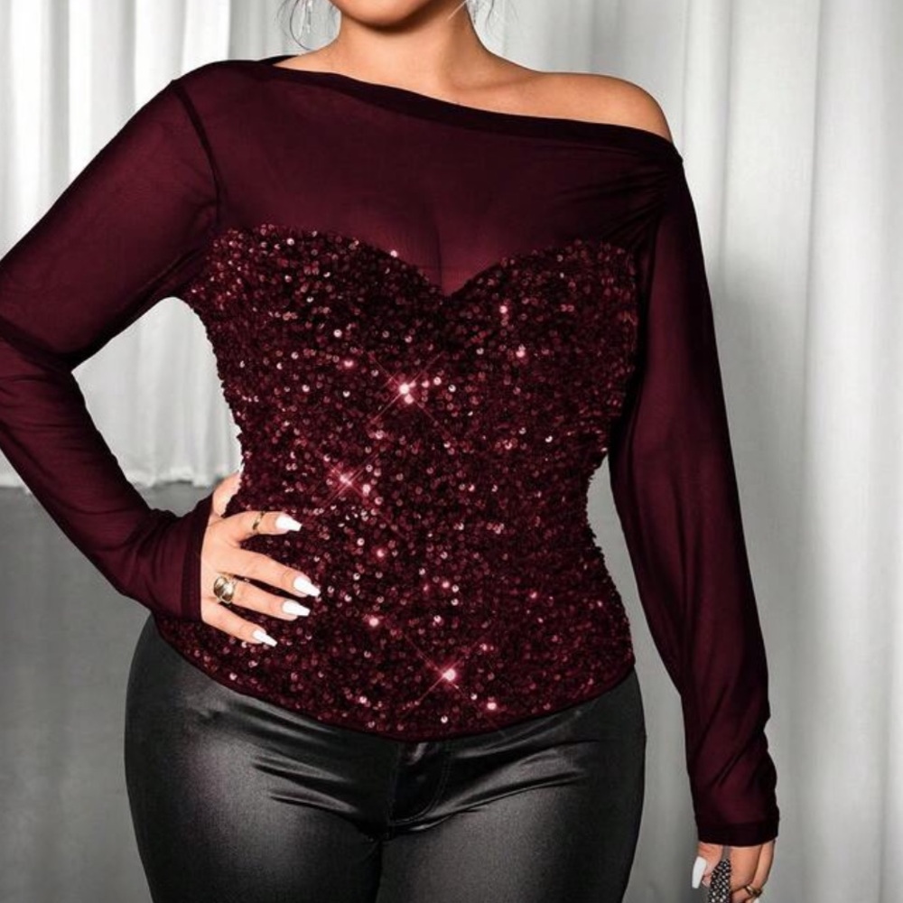 Luxe Plus Size Fitted Colorful Sequin Mesh Sheer Long Sleeve Top Blouse Shirt